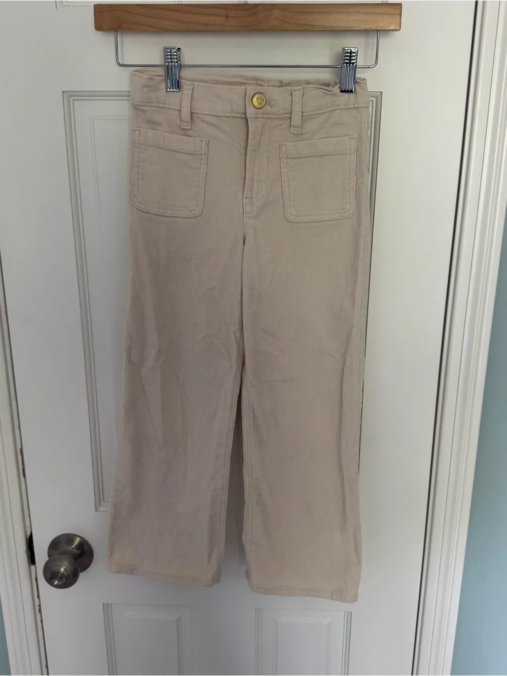 Girls' patch-pocket wide-leg corduroy pant size 7 cream ivory EUC cotton